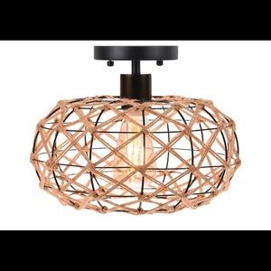 NEW Boho Flush Mount Ceiling Light - Woven Rattan Coastal Rustic Wicker